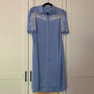 SANDRO PARIS Cornflower Blue Cupro Shirtdress Lace Embroidery R5411E-40 Size 36